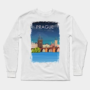 Prague Czech Republic Bridge Vintage Minimal Retro Travel Poster Long Sleeve T-Shirt